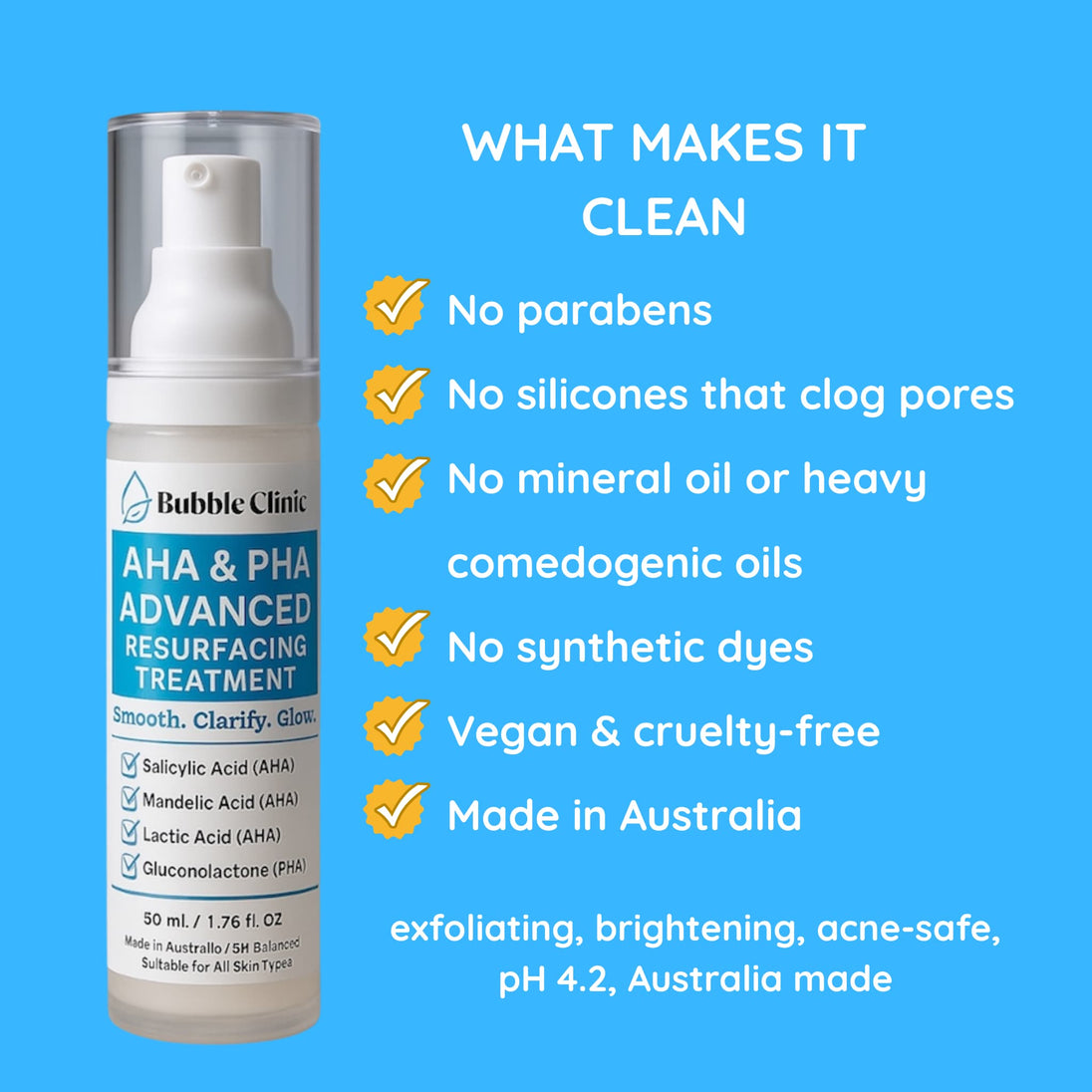 Bubble Clinic AHA & PHA Advanced Resurfacing Lotion bottle with features listed on a blue background highlighting all natural ingredients with no parabens, silicones, synthetic dyes or mineral oils.