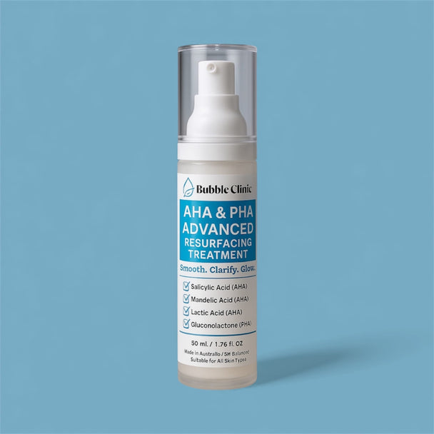 Bottle of Bubble Clinic AHA & PHA Advanced Resurfacing Lotion on a blue background representing australian made clean skincare for blemish prone, sensitive skin