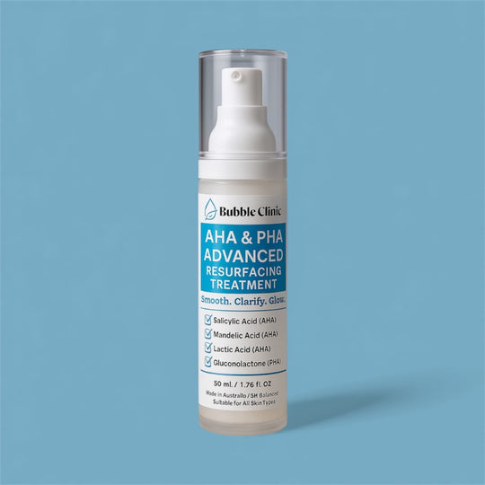 Bottle of Bubble Clinic AHA & PHA Advanced Resurfacing Treatment on a blue background representing australian made clean acne skincare for sensitive skin