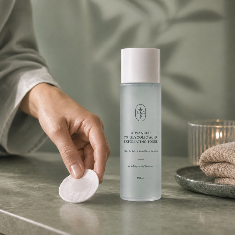 AHA exfoliating toner 150 mL evening skincare routine with cotton pad – Bubble Clinic Australia