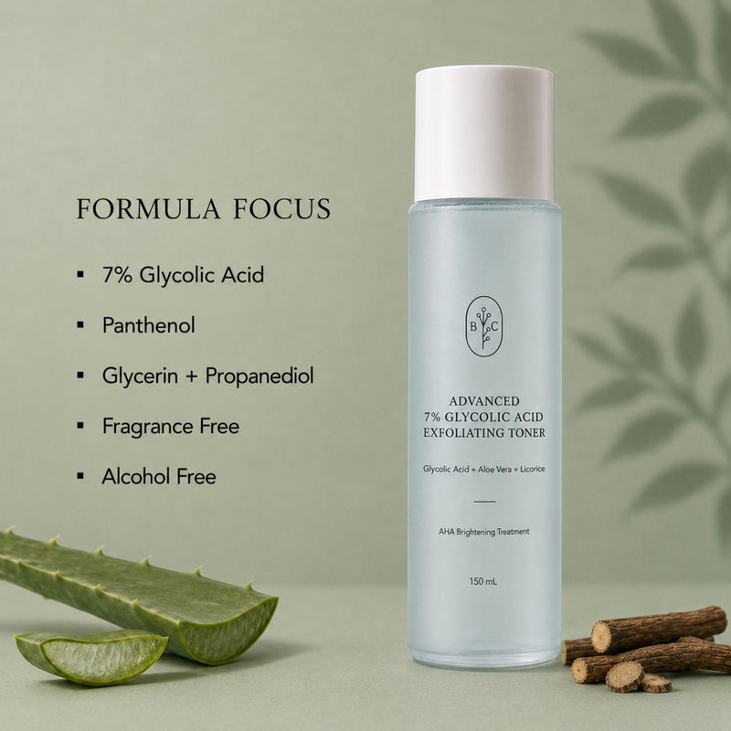 AHA toner formula list with 7% glycolic acid, panthenol, glycerin and propanediol – 150 mL