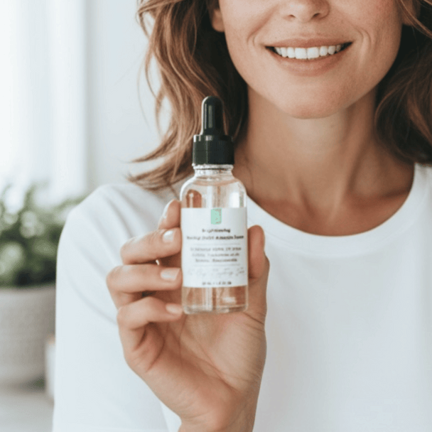 smiling woman holding a galss dropper bottle of matrixyl 3000 and alpha arbutin serum for hyperpigmentation revealing the serum's clear hue and light texture