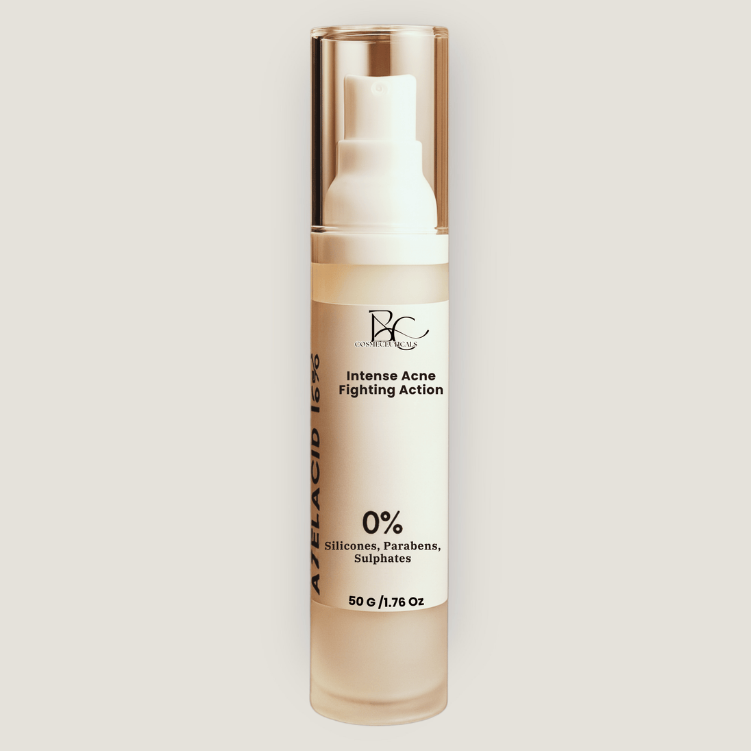 Airless pump bottle with clear lid of intense acne fighting Azelaic Acid 15 percent on a beige background