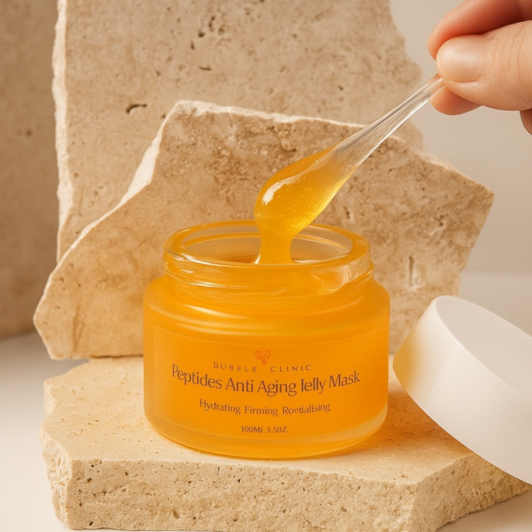Anti Aging Matrixyl 3000 Orange jar of peptides anti-aging jelly mask with a hand holding a dropper filled with the product.