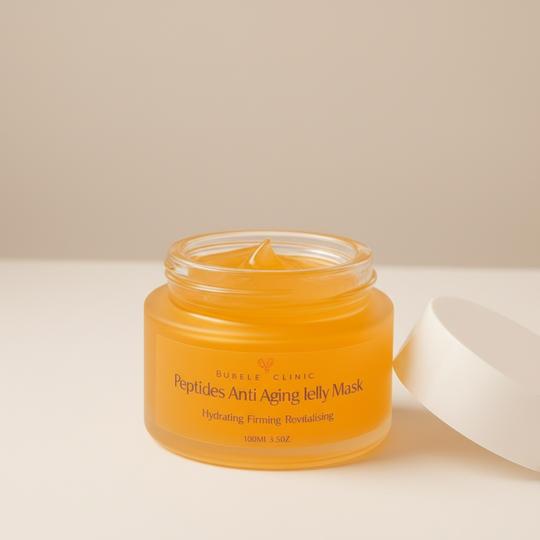 Anti Aging Matrixyl 3000 glass jar with Orange orange jelly of peptides anti-aging jelly mask with a hand holding a applicator covered with the product.