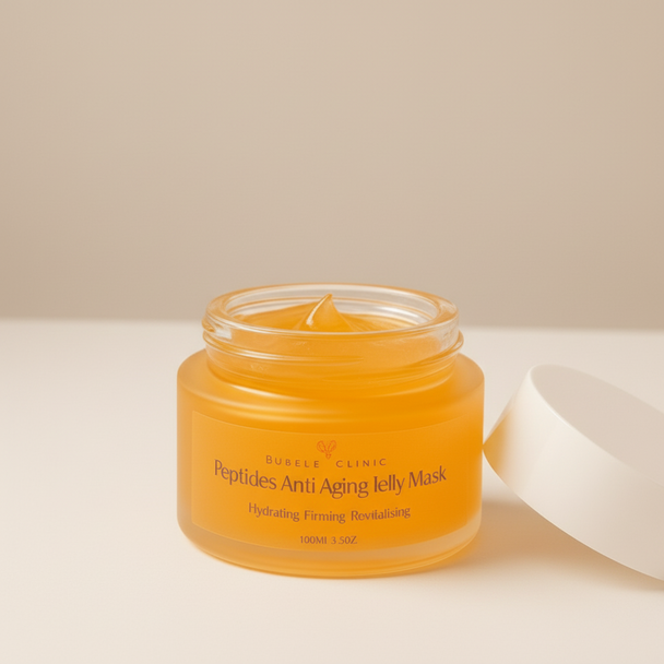 Anti Aging Matrixyl 3000 glass jar with Orange orange jelly of peptides anti-aging jelly mask with a hand holding a applicator covered with the product.