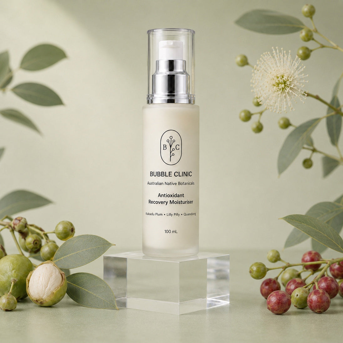 Bubble Clinic Antioxidant Recovery Moisturiser 100 mL with Kakadu Plum, Lilly Pilly and Quandong on a muted sage Australian botanical backdrop