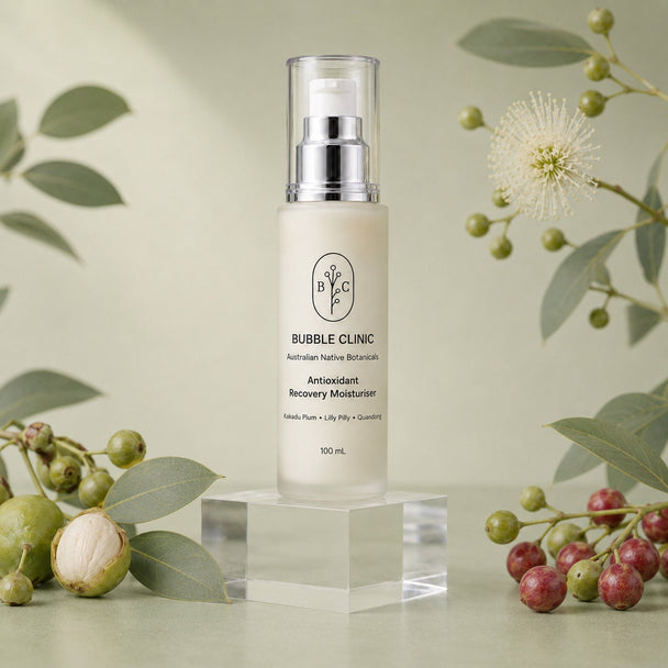 Bubble Clinic Antioxidant Recovery Moisturiser 100 mL with Kakadu Plum, Lilly Pilly and Quandong on a muted sage Australian botanical backdrop