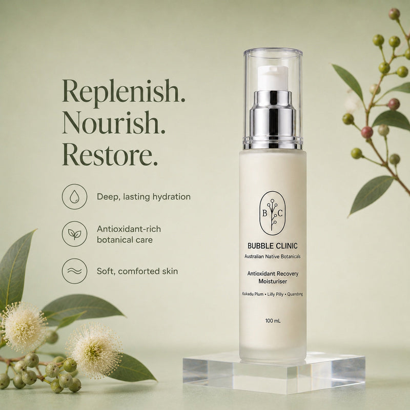 Bubble Clinic Antioxidant Recovery Moisturiser key benefits for deep hydration, antioxidant botanical care and soft comfortable skin