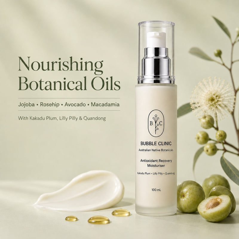 Antioxidant Recovery Moisturiser with jojoba, rosehip, avocado and macadamia oils plus Kakadu Plum, Lilly Pilly and Quandong