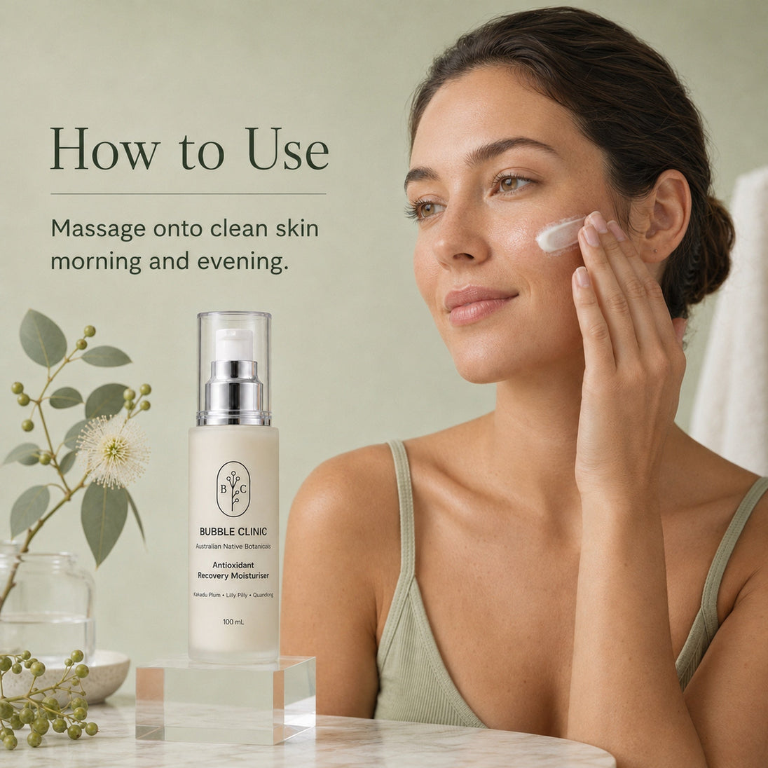 Woman applying Bubble Clinic Antioxidant Recovery Moisturiser to clean skin morning and evening