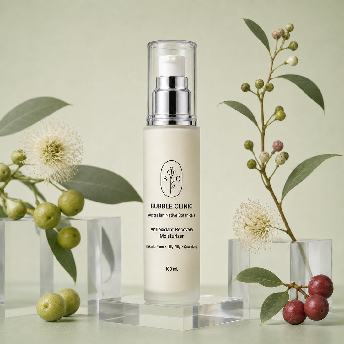 Bubble Clinic Antioxidant Recovery Moisturiser hero ingredients with Kakadu Plum, Lilly Pilly and Quandong on muted sage botanical styling