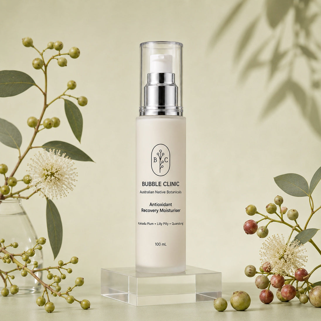Bubble Clinic Antioxidant Recovery Moisturiser 100 mL frosted pump bottle with accurate tall slim proportions on clear acrylic pedestal