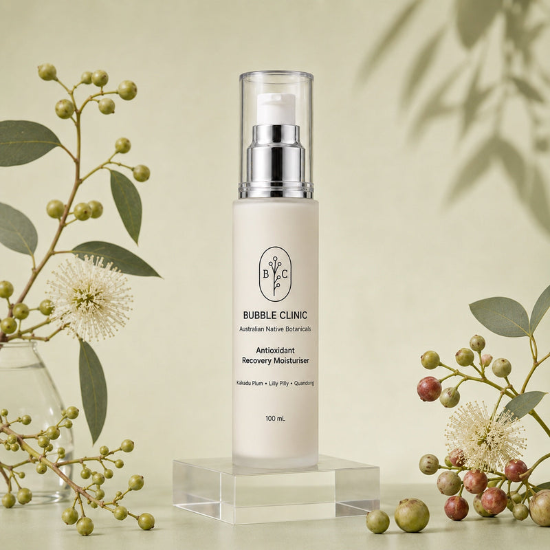 Bubble Clinic Antioxidant Recovery Moisturiser 100 mL frosted pump bottle with accurate tall slim proportions on clear acrylic pedestal