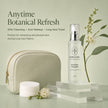 Bubble Clinic Antioxidant Toning Mist lightweight facial mist shown with travel pouch and cotton rounds on muted sage botanical background