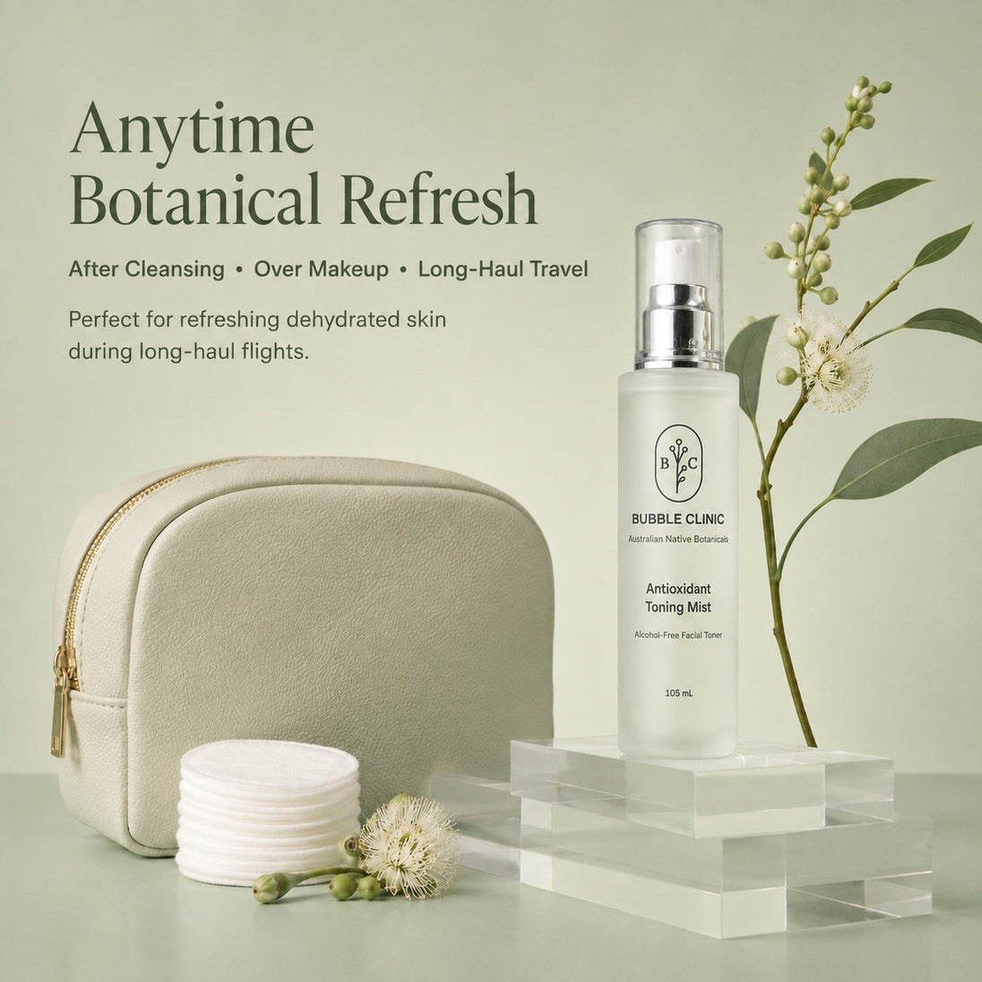 Bubble Clinic Antioxidant Toning Mist lightweight facial mist shown with travel pouch and cotton rounds on muted sage botanical background