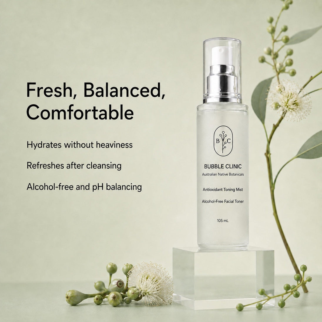 Bubble Clinic Antioxidant Toning Mist key benefits for lightweight hydration, post-cleanse refresh and alcohol-free pH-balancing care