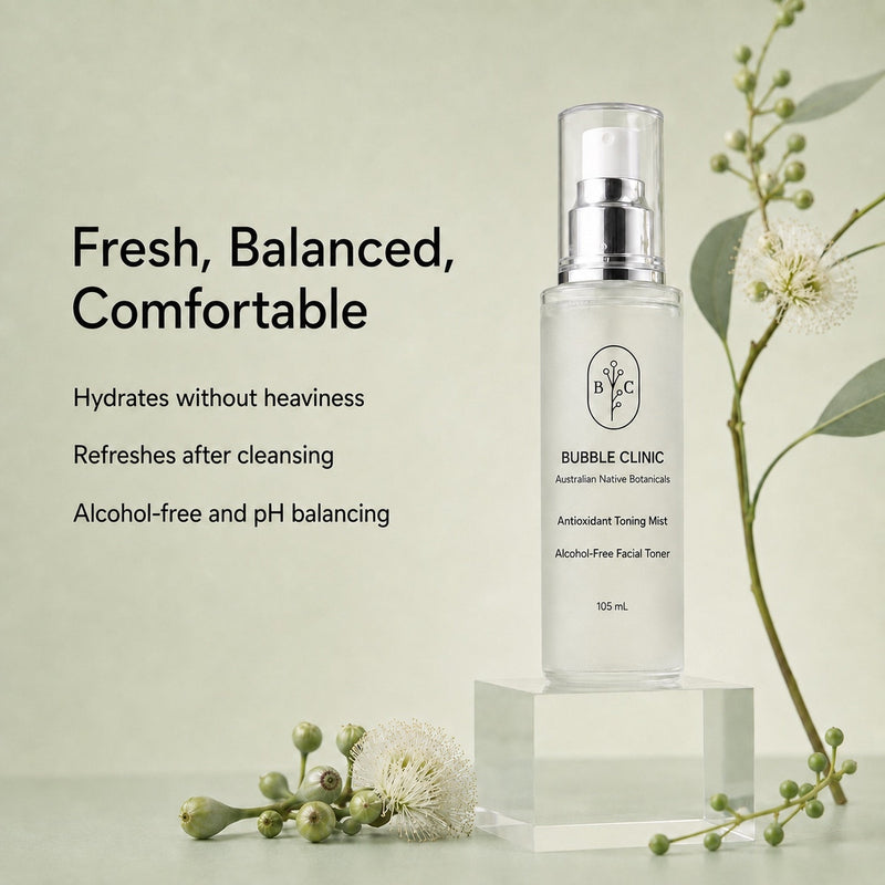 Bubble Clinic Antioxidant Toning Mist key benefits for lightweight hydration, post-cleanse refresh and alcohol-free pH-balancing care