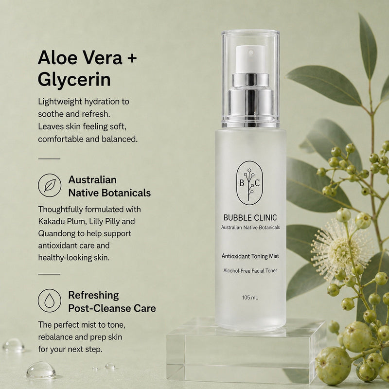Bubble Clinic Antioxidant Toning Mist 105 mL formula highlights with Aloe Vera, Glycerin and Australian native botanicals for lightweight post-cleanse hydration