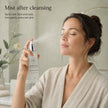 Woman misting Bubble Clinic Antioxidant Toning Mist over face and neck after cleansing in a gentle skincare routine