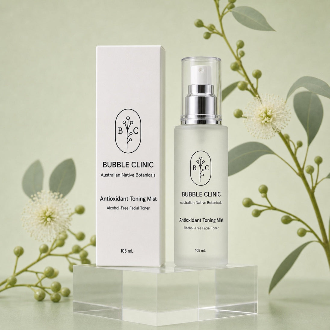 Bubble Clinic Antioxidant Toning Mist 105 mL with matching Australian Native Botanicals carton on clear acrylic pedestal