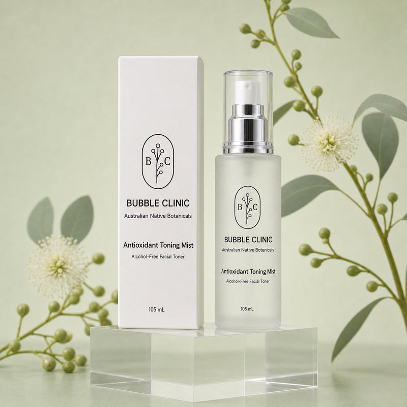 Bubble Clinic Antioxidant Toning Mist 105 mL with matching Australian Native Botanicals carton on clear acrylic pedestal