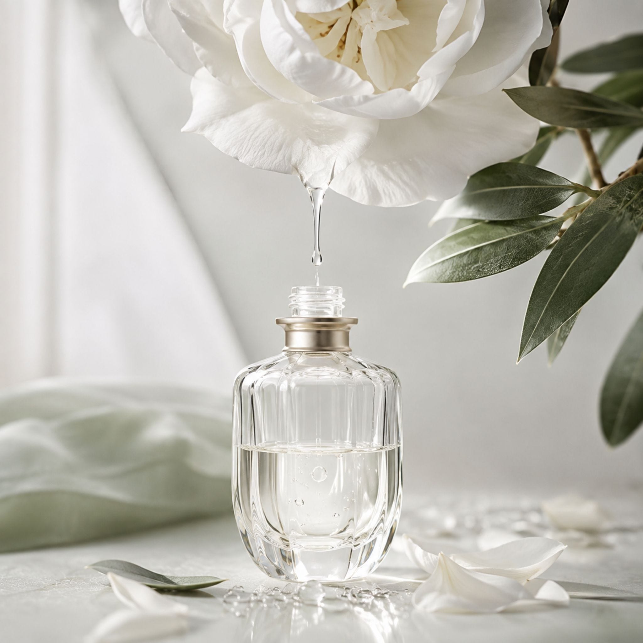 fragrances, perfumes and mists collection represented by rose oil dripping from a rose into a perfume bottle.