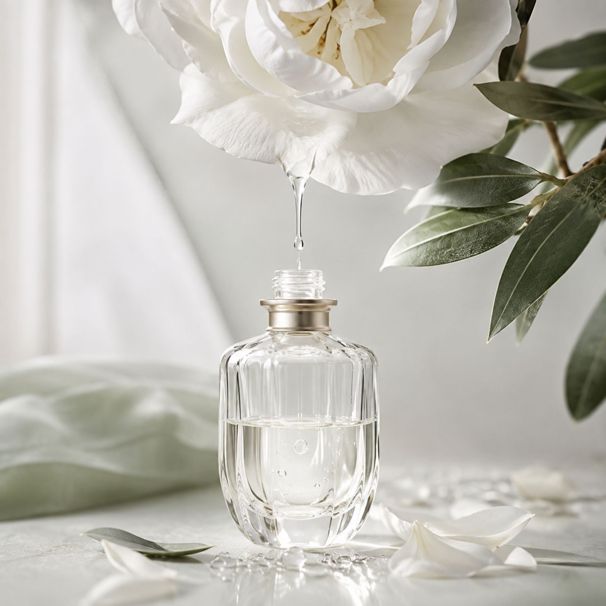 fragrances, perfumes and mists collection represented by rose oil dripping from a rose into a perfume bottle.