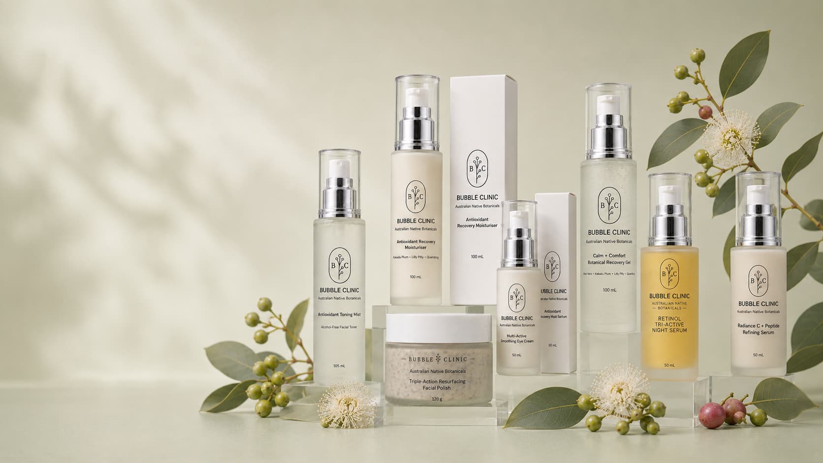 Bubble Clinic Australian Native Botanicals collection hero featuring native botanical skincare products including toning mist, moisturiser, eye cream, recovery gel, retinol serum and facial polish.