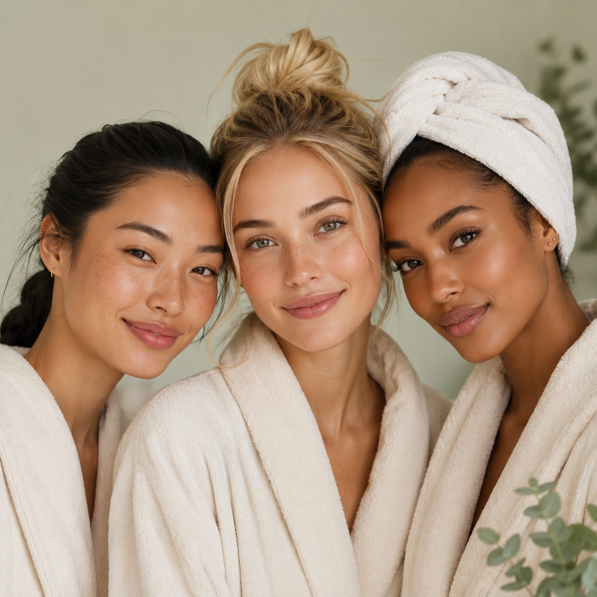 Bubble Clinic natural and organic Australian haircare represented by three women in a serene spa environment with a light sage background.