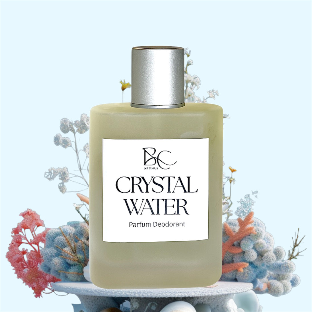 Crystal Water parfum deodorant bottle with decorative coral background representing natural fragrances Australian made