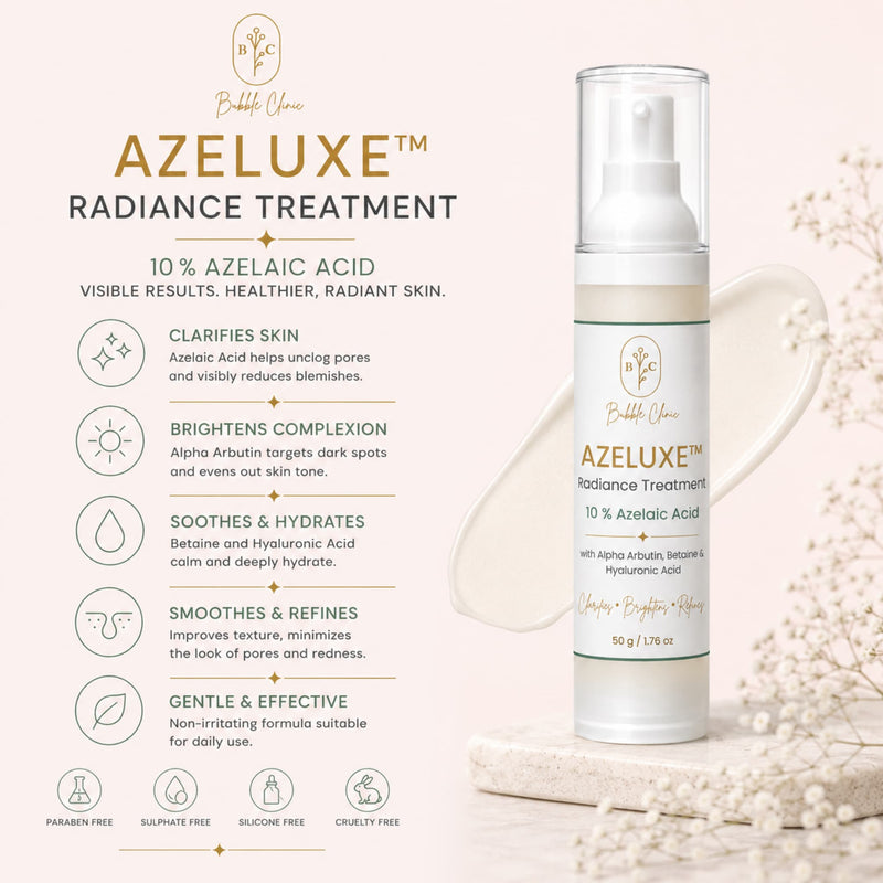 Bubble Vine Azeluxe Radiance Treatment serum bottle displayed on a white marble slab with decorative dried flowers, alongside product benefits text on a soft beige background.