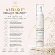 A bottle of Azeluxe Azelaic Acid 15%Radiance Treatment is displayed on a decorative stone slab with dried flowers. The left side features a detailed infographic with icons and text explaining the treatment's benefits, such as clarifying skin and brightening complexion.