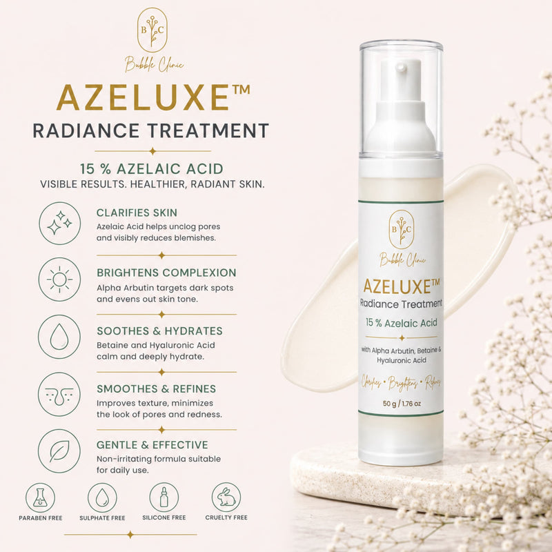 A bottle of Bbcllrs Azeluxe Radiance Treatment 15% Azelaic Acid is displayed on a decorative stone slab with dried flowers. The left side features a detailed infographic with icons and text explaining the treatment's benefits, such as clarifying skin and brightening complexion.