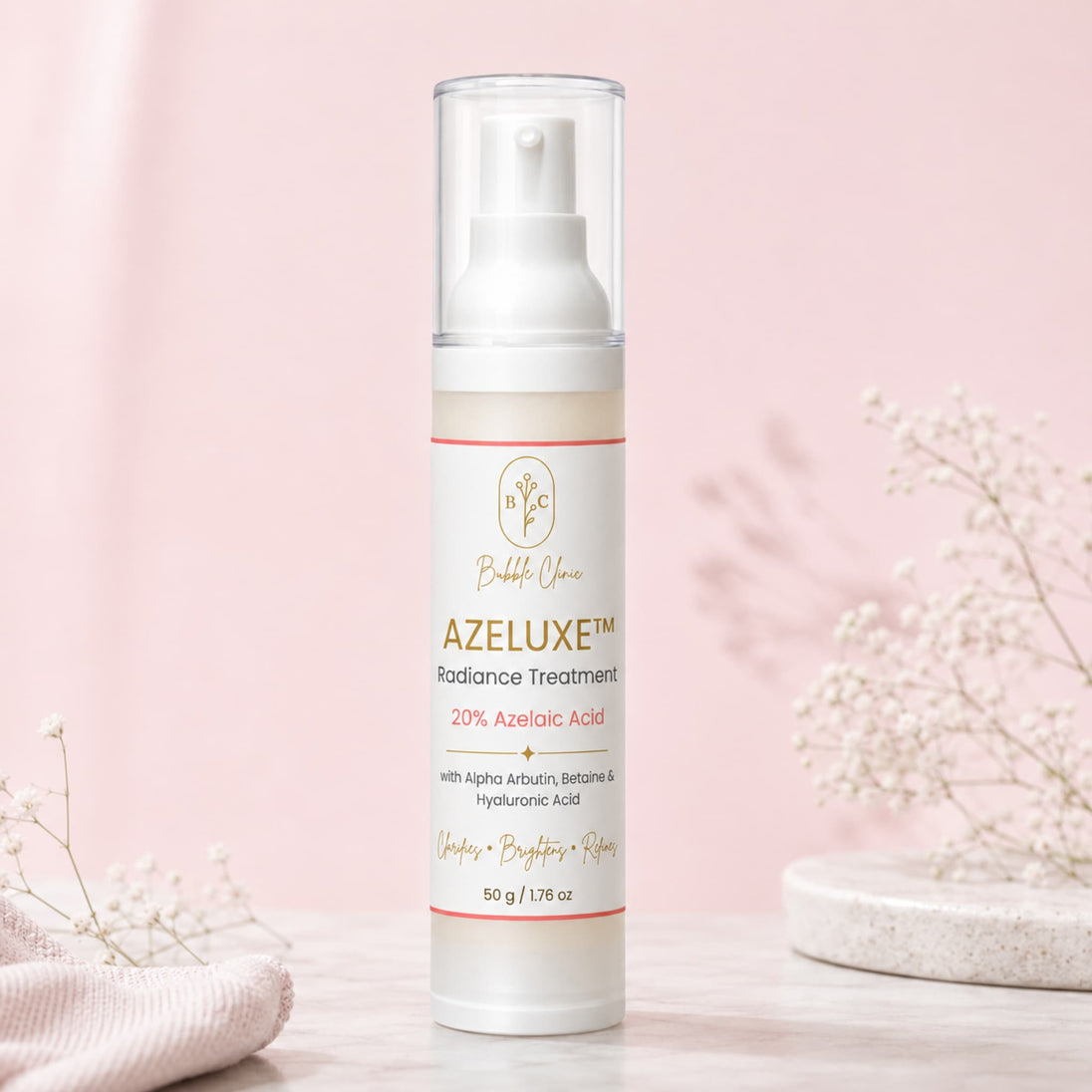 Premium AZELUXE 20% Azelaic Acid skincare cream displayed in a luxury botanical setting
