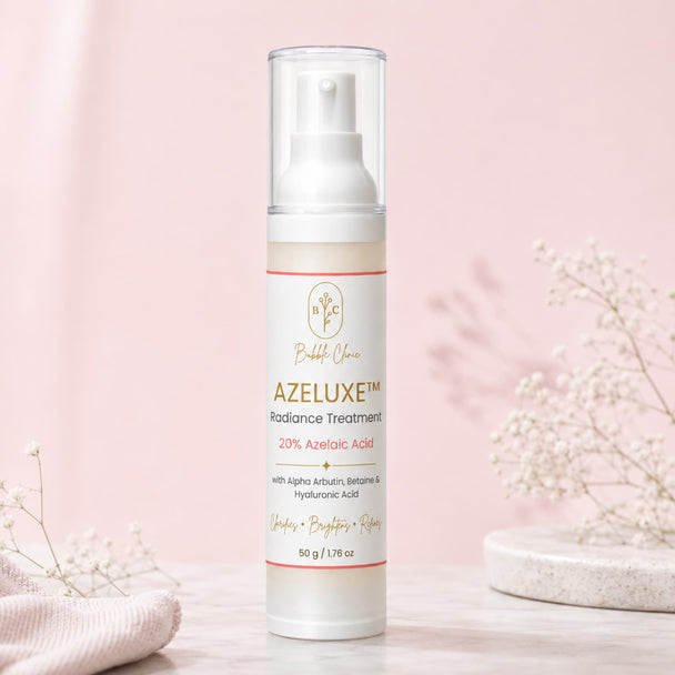 Premium AZELUXE 20% Azelaic Acid skincare cream displayed in a luxury botanical setting