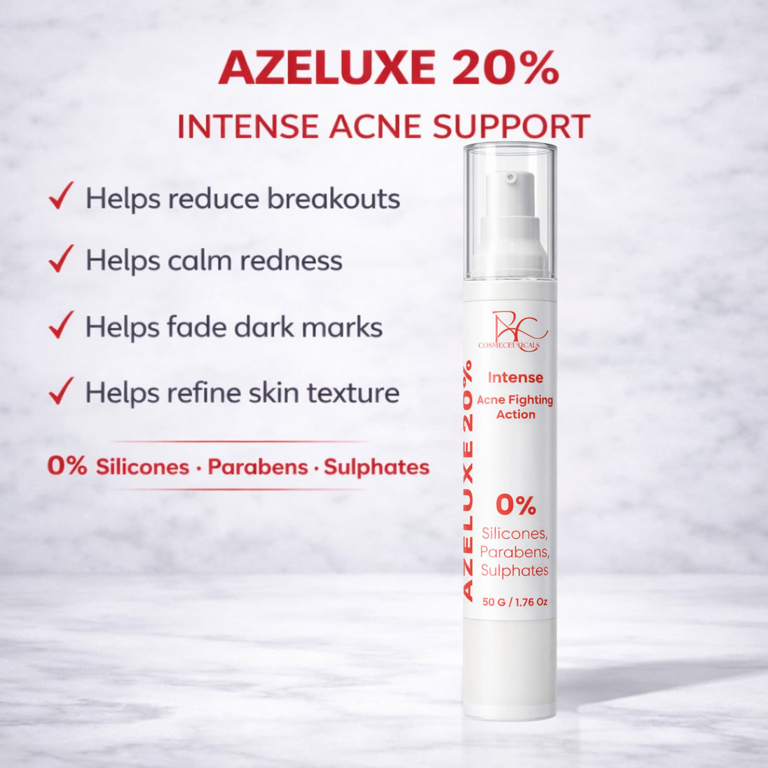 azelaic acid 20% intense acne support product with benefits listed on a white background