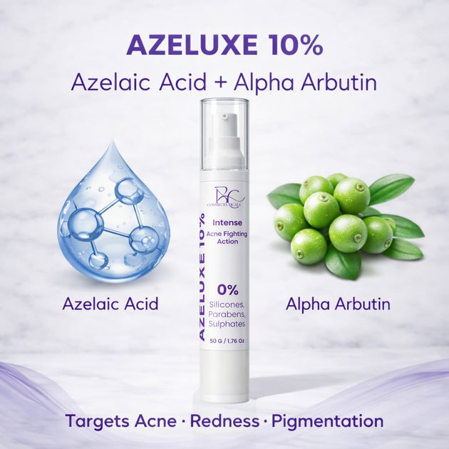 Azelaic Acid 10% Acne Treatment Serum – with images of ingredients zelaic acid and alpha arbutin Azeluxe BC Cosmeceuticals Blemish Control and Redness Correcting Face Serum