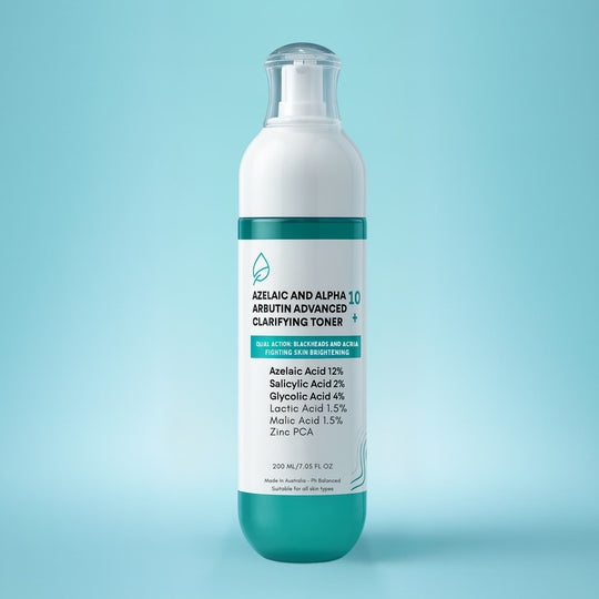 Bottle of Azelaic and Alpha Arbutin Advanced Clarifying Toner on a light blue background representing best anti acne skincare toners Australian Made Acne Treatments.