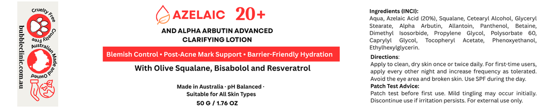 Cosmetic label for Azelaic 20+ with ingredients and usage instructions.