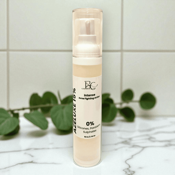 Azelaic Acid 15 percent Skincare product bottle with brand logo on a marble surface with green leaves in the background