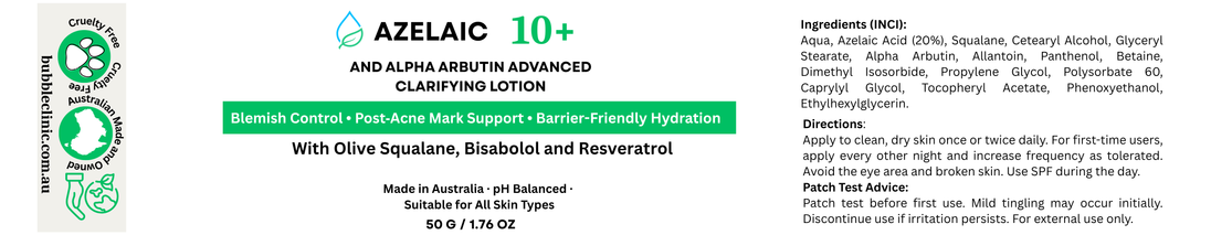 Cosmetic label with Azelaic 10+ and Alpha Arbutin ingredients and usage directions on a white background. Representing transparent clean skincare Australia.