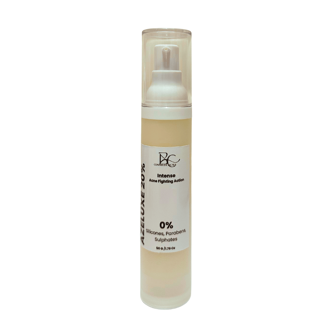 Skincare airless pump bottle with clear cap of azelaic acid 20 percent acne fighting lotion on a white background