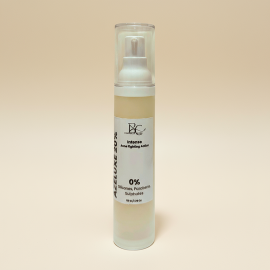 Skincare airless pump bottle with clear cap of azelaic acid 20 percent acne fighting lotion on a white background