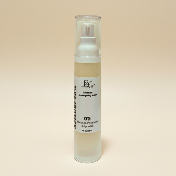 Skincare airless pump bottle with clear cap of azelaic acid 20 percent acne fighting lotion on a white background