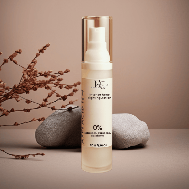 Skincare bottle with 'Intense Acne Fighting Action' text on a neutral background