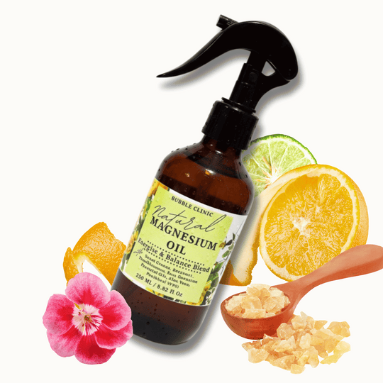 Bottle of natural magnesium oil with lemon slices, flowers, and a spoonful of frankinsence resin to represent the essential oils fragrances in the spray. 