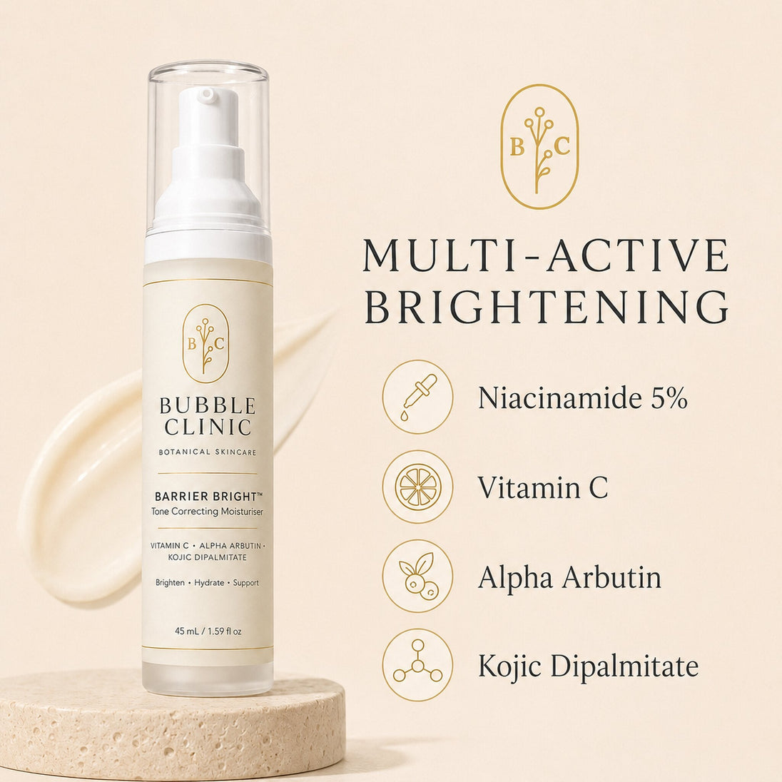 Barrier Bright multi-active formula with niacinamide, Vitamin C, alpha arbutin and kojic dipalmitate