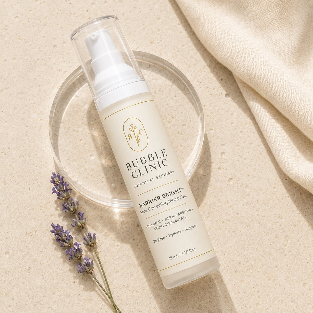 Bubble Clinic Barrier Bright 45 mL airless moisturiser flat lay with lavender and cream fabric