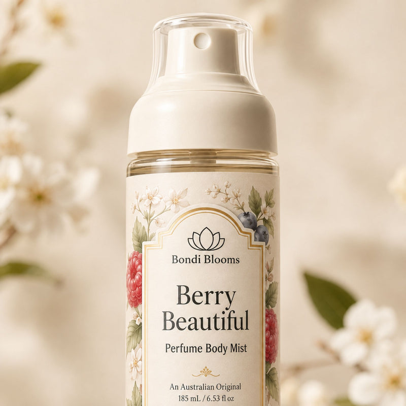 Bondi Blooms Berry Beautiful Perfume Body Mist in a clear pump bottle with a cream-colored cap and a floral label, set against a soft-focus background of white blossoms.
